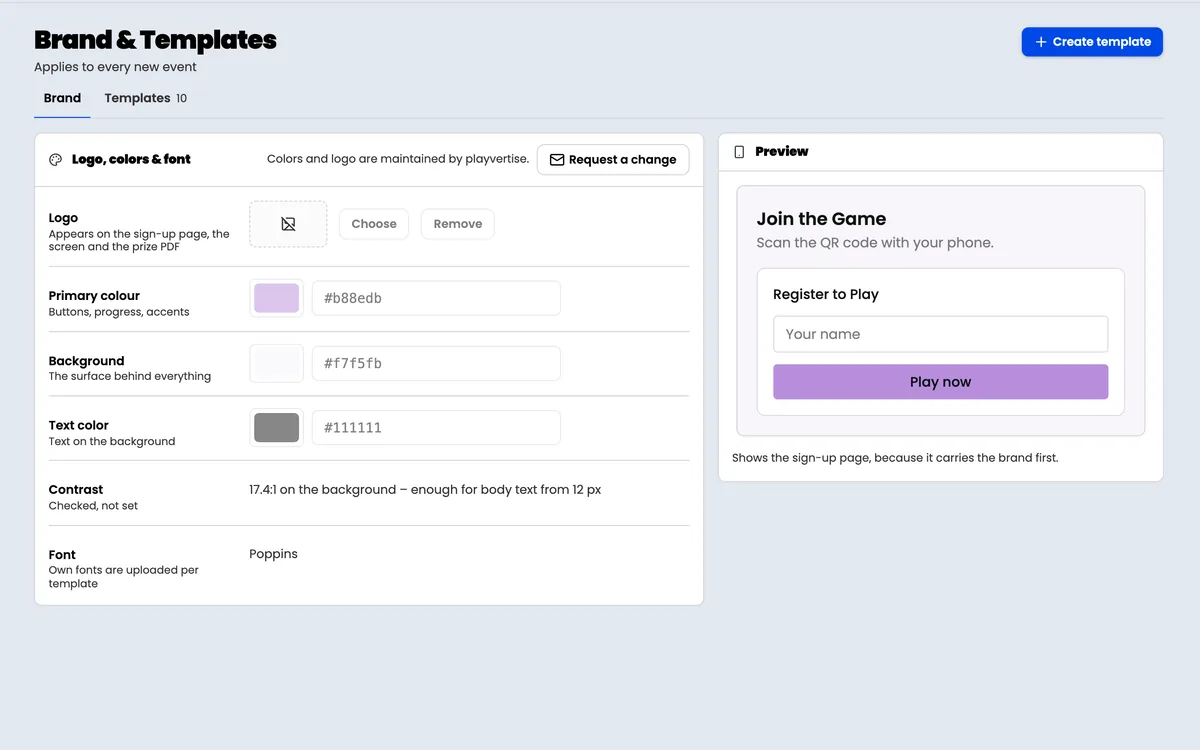 GameHub brand settings with logo, colors, font and a preview of the sign-up page